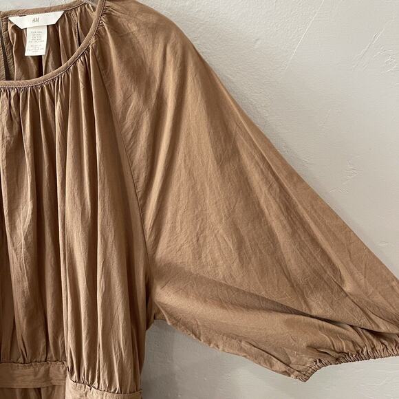 H&M Cotton Puff Sleeve Tie Waist Dress Plus Size XXL Tan Boho Travel - Picture 5 of 11